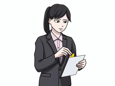 立って書類に付箋を貼るスーツ姿の女性 書類,資料,付箋,貼る,スーツ,女性,プリント,紙,業務,事務作業のイラスト素材