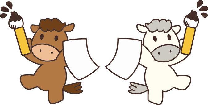 書初めを楽しむ馬(文字なし) タグ,馬,白馬,仔馬,午,かわいい,正月,アイコン,競馬,デフォルメのイラスト素材