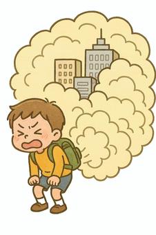 おならをする男の子と街