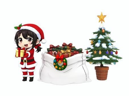 クリスマスプレゼントサンタガールとツリー クリスマス,サンタ,サンタクロース,サンタガール,クリスマスプレゼント,クリスマスツリー,クリスマスリース,セール,プレゼント,サンタ袋のイラスト素材