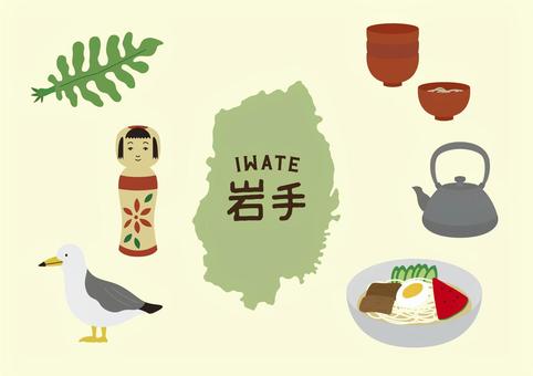 岩手イラストセット 岩手,わかめ,うみねこ,コケシ,わんこそば,冷麺,盛岡,南部鉄器,地図,ご当地のイラスト素材