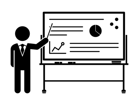 ホワイトボードとプレゼン人物 プレゼン,ホワイトボード,人物,解説,説明,データ,グラフ,授業,講座,先生のイラスト素材