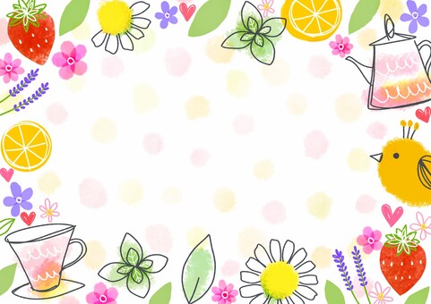 花やかなハーブティー2 ハーブティー,ハーブ,フルーツ,花,フレーム,背景,手書き,かわいいのイラスト素材