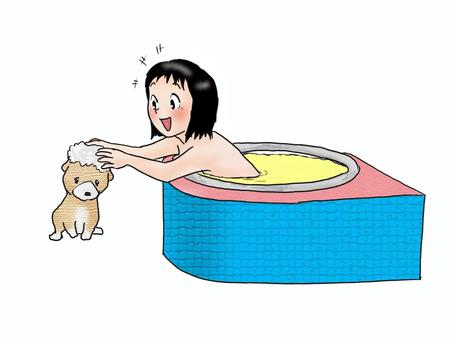 お風呂少女 人物,こども,女の子,小学生,笑顔,風呂,五右衛門風呂,半身,ペット,犬のイラスト素材