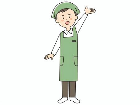 案内する男性店員 案内する男性店員 紹介,案内,説明,教える,お知らせ,注目,誘導,元気,手を振る,手をあげるのイラスト素材