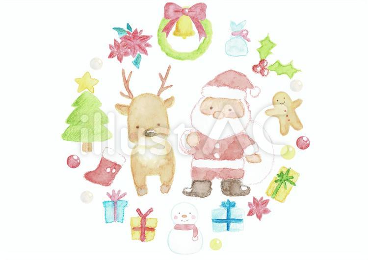 サンタとトナカイを囲むクリスマスアイテム クリスマス,サンタ,サンタクロースのイラスト素材
