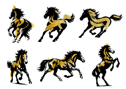 馬のシルエット年賀状素材セット金箔 馬のシルエット年賀状素材セット金箔 馬,ウマ,動物,干支,2026,2026年,令和8年,金色,金箔,年賀状のイラスト素材