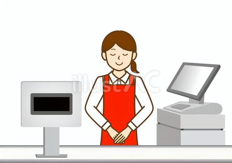 お辞儀をしているスーパーのレジの女性 お辞儀,レジ業務,レジ打ちのイラスト素材