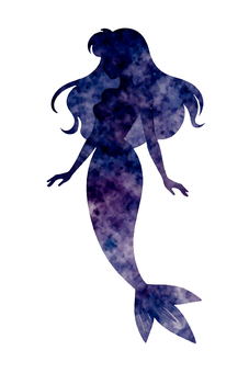 水彩画風人魚姫のシルエット 人魚姫,マーメイド,架空,半魚人,物語,海,シルエット,水彩画,青,プリンセスのイラスト素材