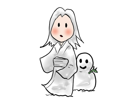日本の妖怪：雪女 妖怪,おばけ,雪女,雪だるま,全身,手書き,白のイラスト素材