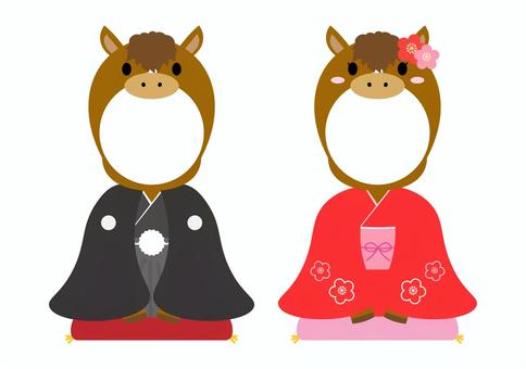 馬の顔はめイラスト 馬,顔はめ,年賀状,被り物,着物,お正月,コスプレ,顔ハメ,干支,セットのイラスト素材