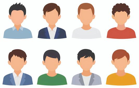 男性の髪型・服装アバター8種セット 男性,アバター,会社員,アイコン,イラスト,髪型,バリエーション,人物,顔,上半身のイラスト素材