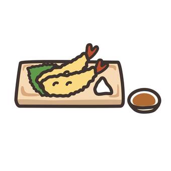 天婦羅（エビ天）のイラスト（天つゆ付） 天ぷら,海老天,えび,おかず,揚げ物,天つゆ,大根おろし,大葉,和食,料理のイラスト素材