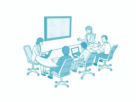 男女５名　オフィス　ミーティング　単色B tv会議,ミーティング,20代,会社,企業,社員,30代,人物,40代,営業部のイラスト素材