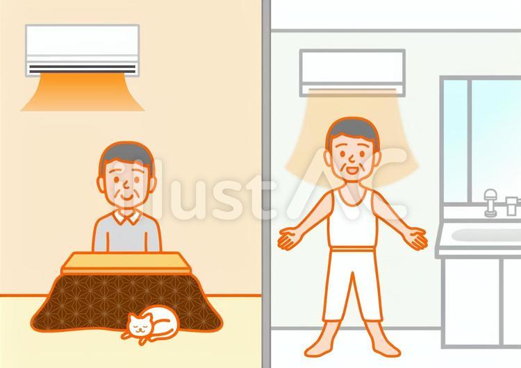 高齢者と暖かい部屋と暖かい脱衣場 おじいさん,暖房,こたつのイラスト素材