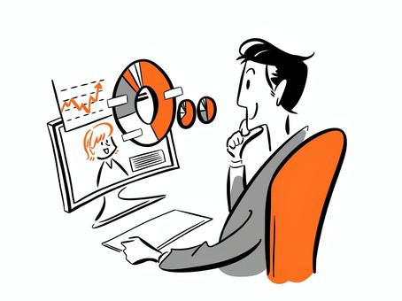 パソコンでデータを見る男性 会社員,社会人,サラリーマン,営業マン,ビジネスマン,ビジネスパーソン,労働,労働者,仕事,笑顔のイラスト素材