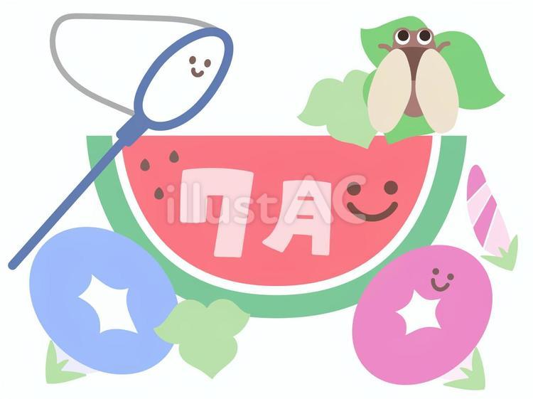 スイカと朝顔の7月のイラスト スイカと朝顔の7月のイラスト 7月,スイカ,カットスイカのイラスト素材