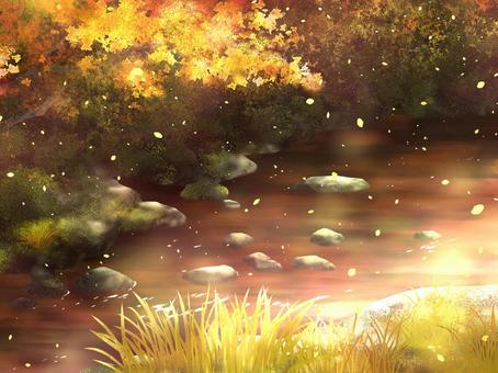 心が落ち着く癒しの風景【5】 自然風景,紅葉,森,清流,癒し,リラックス,木漏れ日,赤,黄色,素材のイラスト素材