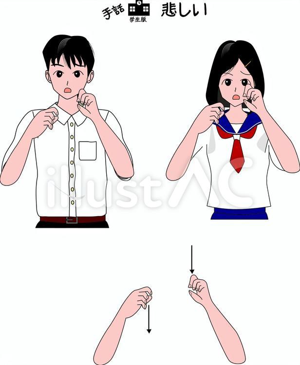 手話　聴覚　悲しい　手　学生 手話,ジェスチャー,聴覚のイラスト素材