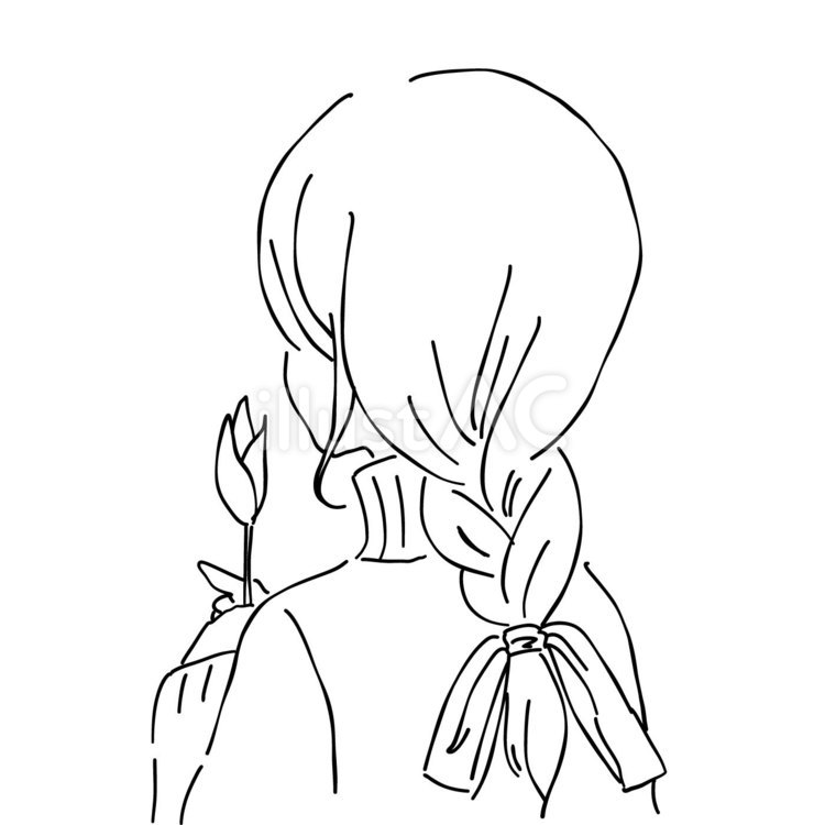 花を持つ女性の後ろ姿の線画イラスト 線画,人物,10代のイラスト素材
