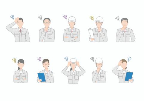 悩む作業服を着た工務店の男女セット 悩む,人,困る,セット,トラブル,作業員,工務店,作業服,ネクタイ,シャツのイラスト素材