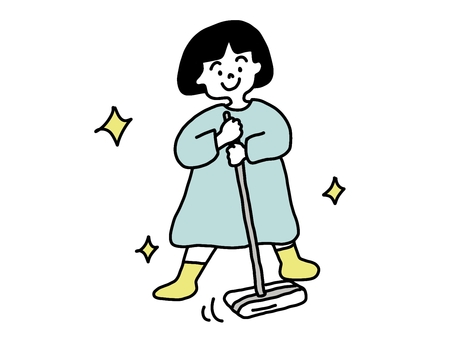 床を掃除する子供 床,ワイパー,拭く,掃除,きれい,ピカピカ,笑顔,子供,女の子,おかっぱのイラスト素材