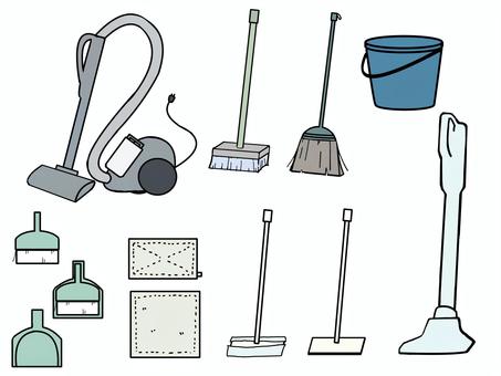 シンプルな掃除道具セット 掃除,掃除機,ほうき,ブラシ,バケツ,雑巾,道具,ちりとり,コードレス掃除機,青色のイラスト素材