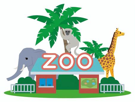 動物園のイラスト 動物園,出入り口,入場ゲート,動物,象,猿,キリン,樹木,熱帯,自然のイラスト素材