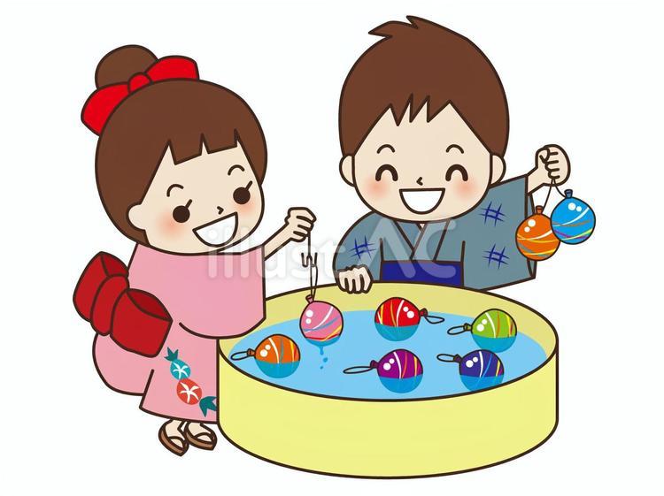 ヨーヨーつりをする子供たち ヨーヨーつり,子供,祭りのイラスト素材