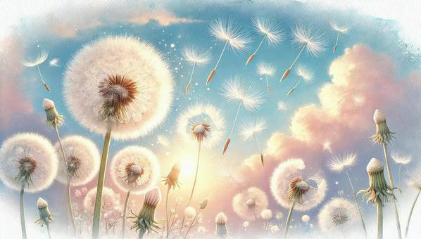 Dandelion fluff dancing in the blue sky, JPG Dandelion fluff dancing in the blue sky, dandelion, fluff, landscape, JPG