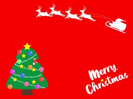 空飛ぶサンタとツリーのクリスマスカード クリスマス,フレーム,サンタクロース,トナカイ,クリスマスカード,メッセージ,クリスマスツリー,コピースペース,余白,プレゼントのイラスト素材