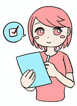 桃色の女の子がチェックしている ピンク,かわいい,手描き,女の子,女性キャラ,ピンク髪,若い女性,デフォルメ,かわいいイラスト,手描き風のイラスト素材