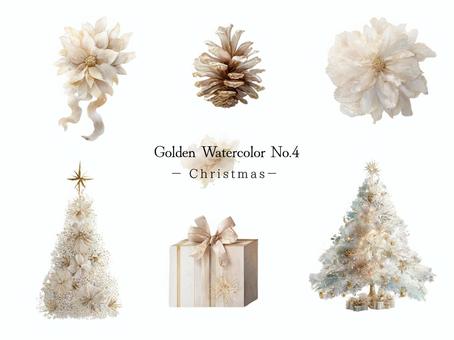 Golden Christmas 4 クリスマス,冬,水彩,ゴールド,アイボリー,花,ポインセチア,ツリー,もみの木,ギフトのイラスト素材