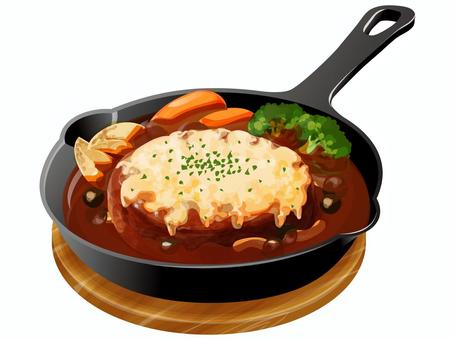 煮込みハンバーグ（スキレット）2 ハンバーグ,煮込み,デミグラスソース,洋食,料理,食べ物,ひき肉,チーズ,しめじ,きのこのイラスト素材