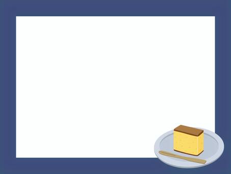 グレーの皿に載ったカステラ　フレーム青 カステラ,お菓子,スイーツ,フレーム,枠,背景,おやつ,甘い,美味しい,焼き菓子のイラスト素材