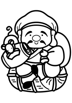 大黒天-1c 大黒天,七福神,神様,打ち出の小槌,米俵,袋,帽子,ネズミ,ヒゲ,笑顔のイラスト素材