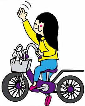 女の子のサイクリング 女性,自転車,猫,手を振る,挨拶,黒髪のイラスト素材