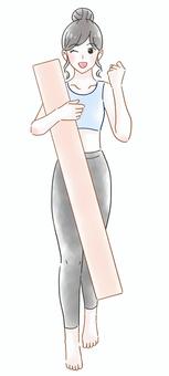 ヨガポールを持つ女性のイラスト　水彩風 女性,持つ,ストレッチポール,ヨガポール,フォームローラー,ストレッチ,エクササイズ,体操,運動,筋膜リリースのイラスト素材