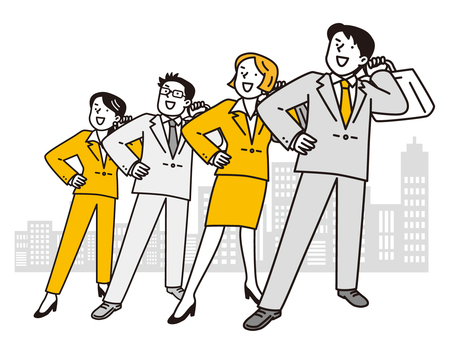上を向く4人の若い男女ビジネスマンとビル 女性,男性,ビジネスマン,上,見上げる,ポーズ,全身,男女,ビジネス,スーツのイラスト素材