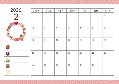 2026カレンダー/02はがきサイズ カレンダー,2026年,令和8年,2月,マンスリー,卓上,月曜始まり,スケジュール,暦,リースのイラスト素材