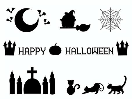 ハロウィンセット シルエット ハロウィンセット シルエット ハロウィン,かぼちゃ,ハッピーハロウィン,城,三日月,シルエット,猫,座る,伸びる,墓石のイラスト素材