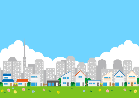 街と都会のイラスト風景素材 街,都会,家,ビル,オフィス,タワー,青空,雲,花,イラストのイラスト素材