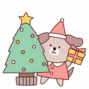 クリスマスツリーと犬 クリスマス,ツリー,犬,動物,サンタ,帽子,プレゼント,冬,線画,可愛いのイラスト素材