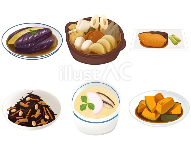 和食シリーズE なすの煮浸し,おでん,ぶりの照り焼きのイラスト素材
