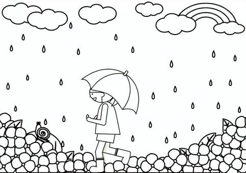 紫陽花と女の子 モノクロ,ぬりえ,６月,梅雨,紫陽花,雨,虹,女の子,カタツムリ,かわいいのイラスト素材