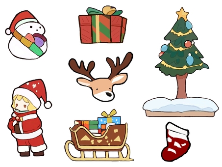 【セット】デフォルメクリスマス2 クリスマス,セット,透過,手書き,手描き,クリスマスツリー,サンタ,サンタクロース,トナカイ,プレゼントのイラスト素材