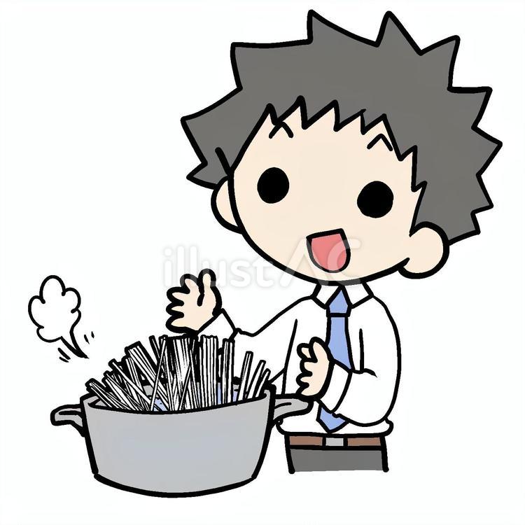 麺を笑顔でゆでる男性 男性,麺,ゆでるのイラスト素材