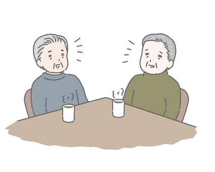 お茶をしながら会話するおじいさんたち 高齢者,シニア,老人,会話,おしゃべり,コミュニケーション,交流,友人,テーブル,お茶のイラスト素材