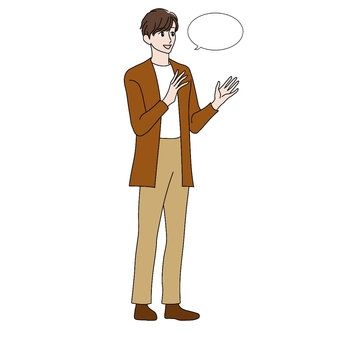 手振りを交えて話す男性　吹き出し１個