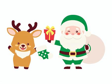 プレゼントを持ったサンタとトナカイ/緑 プレゼントを持ったサンタとトナカイ/緑 サンタ,トナカイ,ミニキャラ,シンプル,2頭身,サンタクロース,サンタさん,動物,人間,人のイラスト素材